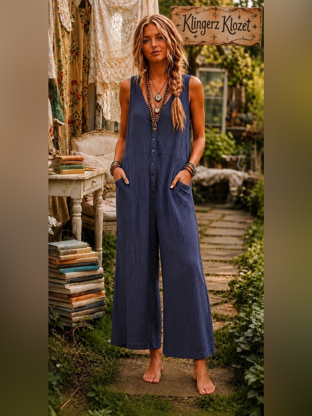 Sleeveless bohemian gauze Button-Front Wide-Leg Jumpsuit in NWT